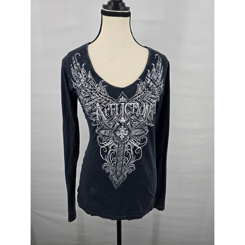 Affliction Womens Long Sleeve Graphic Rhinestone Crochet Back Shirt Black Small
